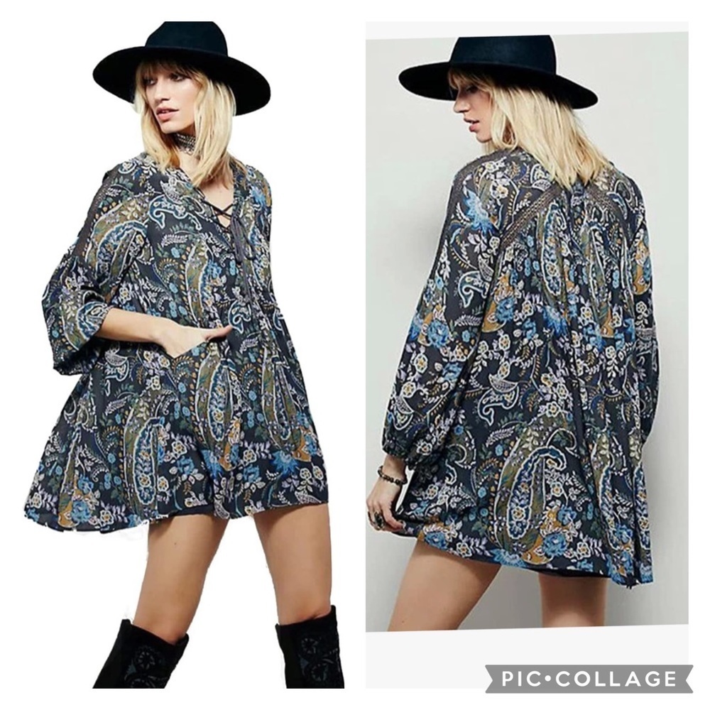 Free People Rain Or Shine Lace-Up Gray Paisley Floral Mini Dress Size Small
